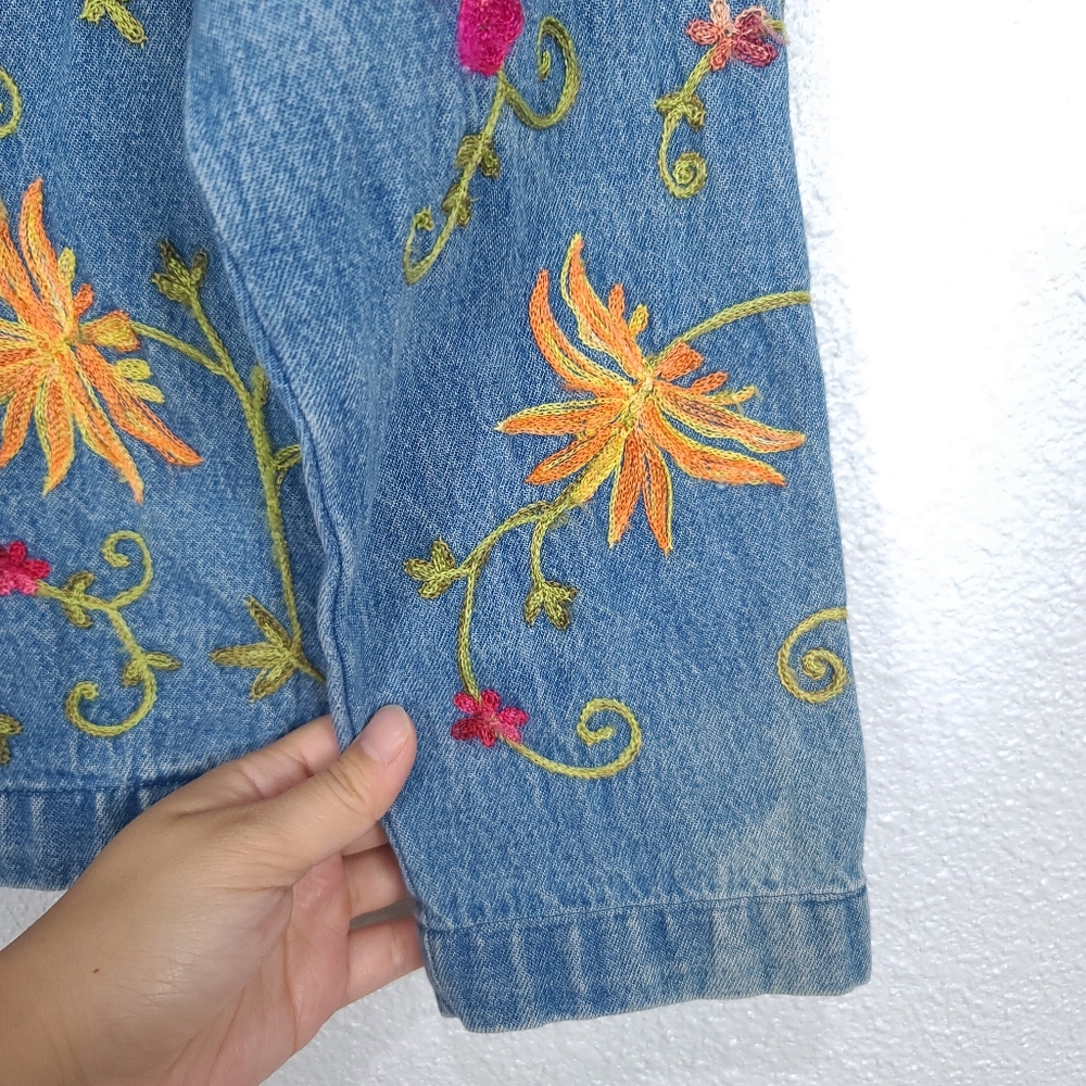 Tantrums Blue Denim Button-Down Jacket with Orange & Red Floral Embroidery - Picture 9 of 13